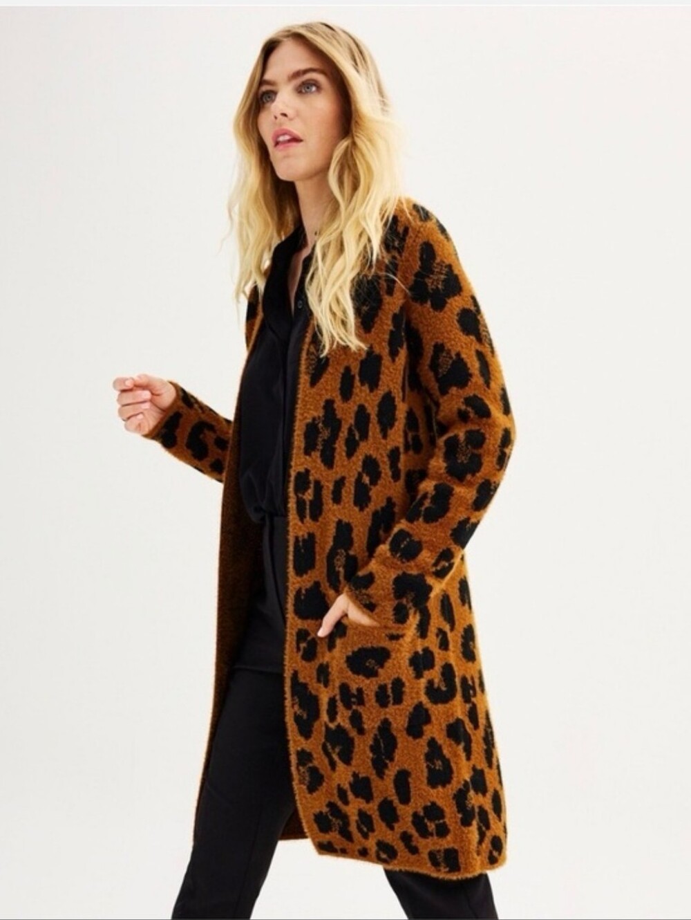 Knox Rose Leopard Open Front Fuzzy Soft Cardigan Women's Size Small Pockets
